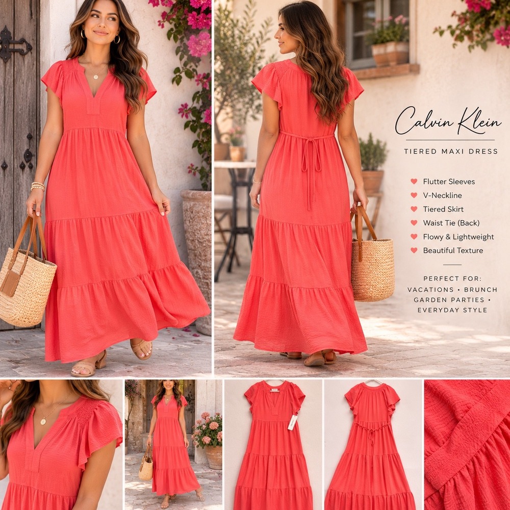 Calvin Klein Pink Tiered Maxi Dress Flutter Sleeve V-Neck Coral Textured Size 2
